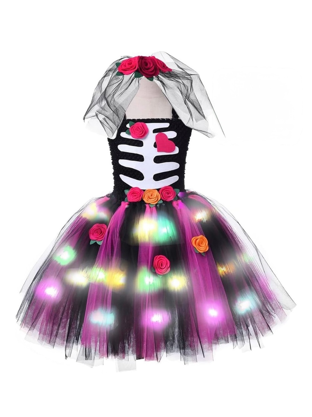 Tutu Dreams LED Light Up Day of the Dead Skeleton Costume Size 3T-4T